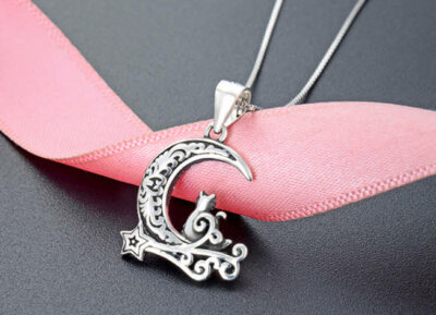 B22 Anhänger Mond mit Katze Nachthimmel Sterne Sterling Silber 925 