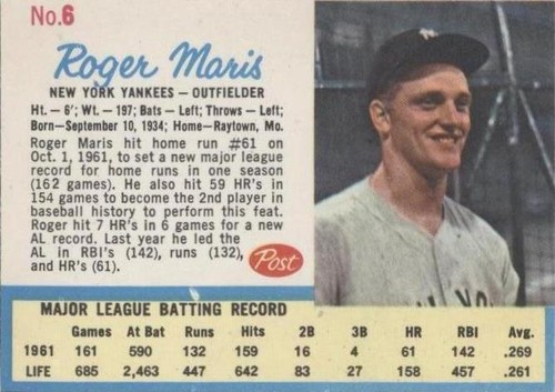 1962 Post - Roger Maris #6