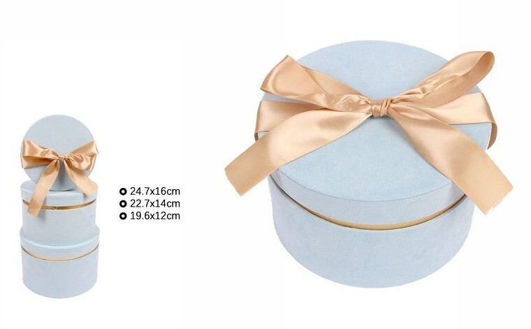 Set 3 Pezzi Scatole Box Regali Varie Misure Matrioska Tonde Velluto Celeste dfh