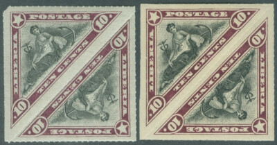 Liberia 1909, 10c triangle, 2 pairs, different printings, gum and shades NH #125