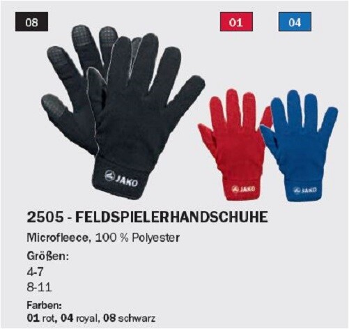 Jako Feldspieler Handschuhe 2505 Fieldplayer Gloves Winter Fußball Microfleece