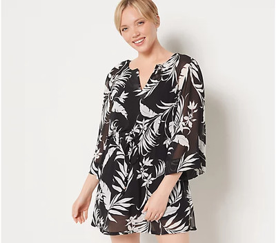 Jantzen Woven Printed Cover-Up Tunic Dress Tropical Black XL New