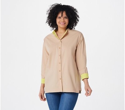 Isaac Mizrahi Always Oversized A-Line Poplin Blouse -Biscotti ( Sz 28W) A395281