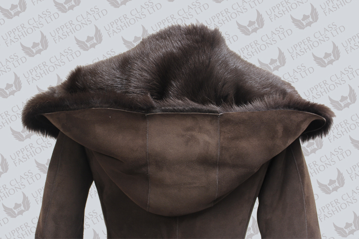 Pre-owned Infinity Brown 3/4 Hooded Ladies Women's Toscana Sheepskin Leather Jacket Trench Coat