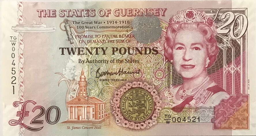 Guernsey 20 Pounds ND 2018 P 63 Commemorative UNC,Elizabeth II, St. James Concer