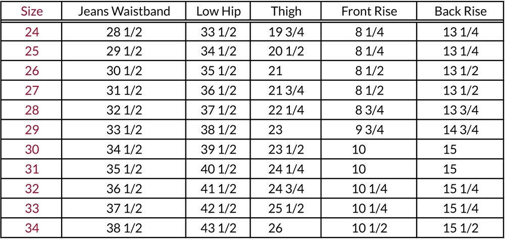 Roy Size Chart