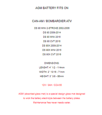 Caltric AGM Battery for Can-Am Bombardier DS90 DS90X 2002-2006 2009-2020