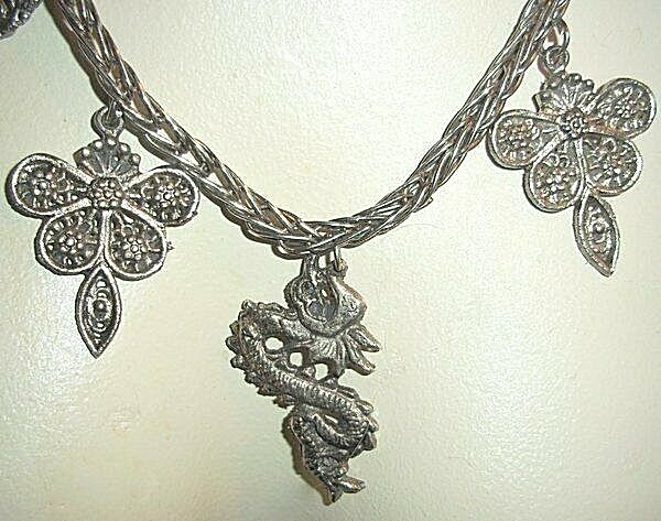 Vintage Silver Fetish Charm Brooch With Dragon, Birds, More