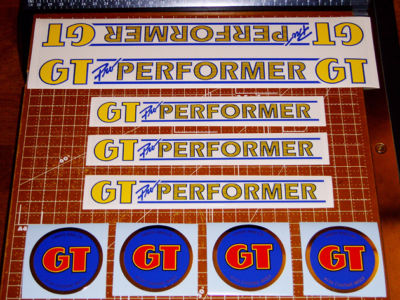 1987 GT BMX Pro Performer Dyno restoration decal set on clear PINK Araya