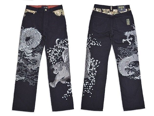 【kuma】 Kumadori Daruma Daicock Print and Embroidery Loose Fit Denim