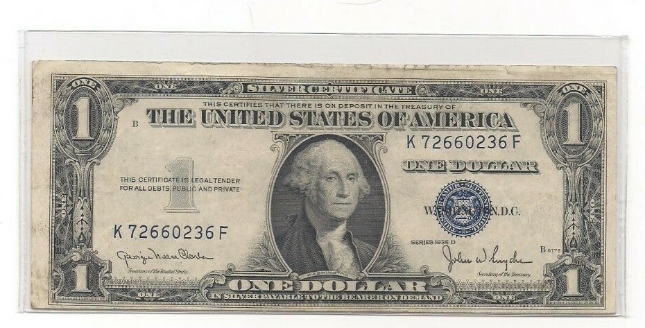 $1 Dollar 1935D Narrow Design on back. Blue Seal Silver Certificate