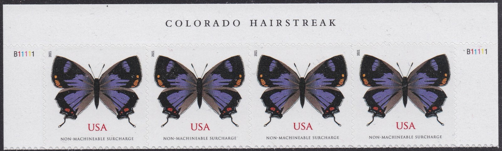 US 5568 Colorado Hairstreak Butterfly NMS header strip 4 MNH