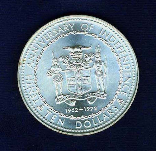 JAMAICA  ND(1972)  10 DOLLARS  SILVER BRILLIANT UNCIRCULATED COIN, SUPERB!