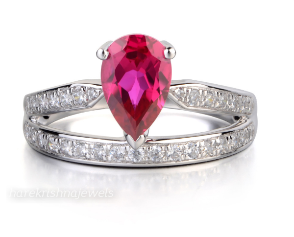 2.55CT Real Red Ruby Pear Shape Split Shank Wedding Ring 14K White Gold Finish