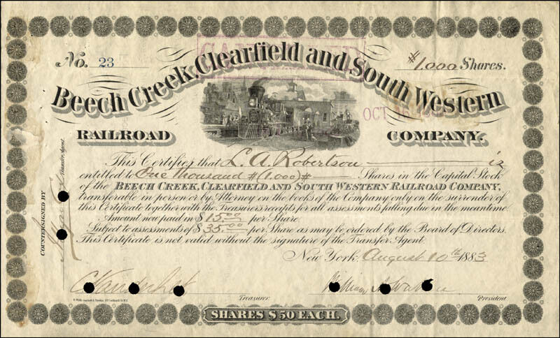 Cornelius Vanderbilt Ii - Stock Certificate Signed 08/10/1883