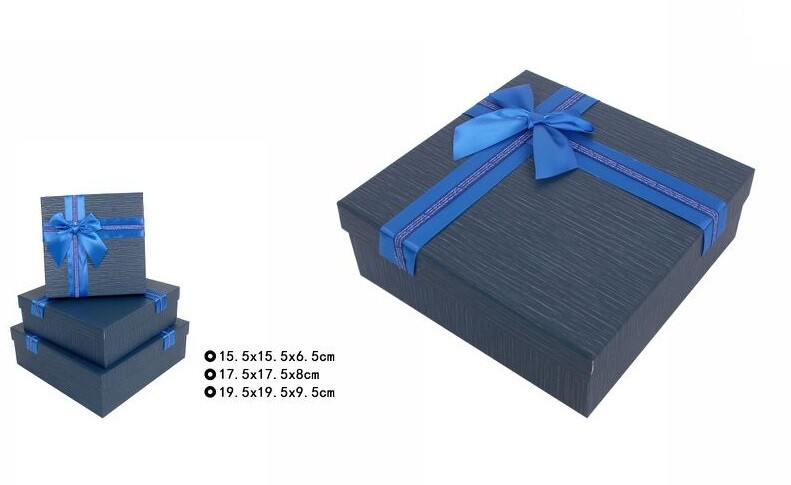 Set 3 Pezzi Scatole Box Per Regali Varie Misure Quadrate Blu Con Fiocco dfh