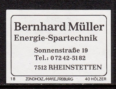 403098/ Zündholzetikett - Energie-Spartechnik Bernhard Müller  7512 Rheinstetten