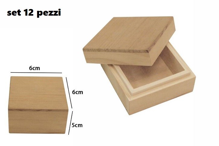 Set 12 Pezzi Cofanetto Box Contenitore In Legno Naturale 6x6x5cm dfh