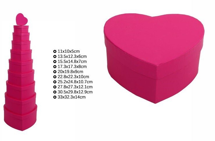 Set 10 Pezzi Scatole Box Per Regali Varie Misure Matrioska Cuore Fucsia dfh