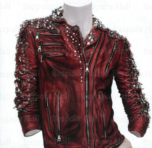 Pre-owned Handmade Women's Red Silver Studs Brando Punk Eyelet Cowhide Biker Leather Jacket-353