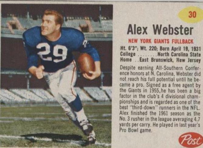 1962 Post Alex Webster #30