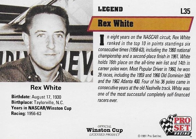 REX WHITE AUTOGRAPHED SIGNED 1991 PRO SET RACING NASCAR PHOTO TRADING CARD #L35