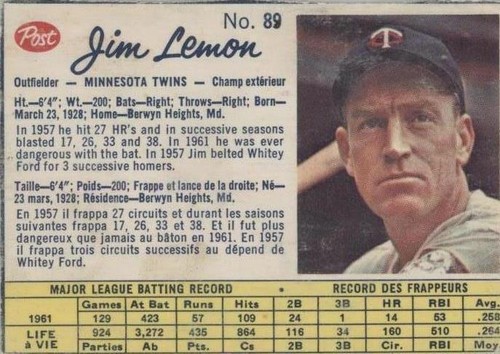 1962 Post Canadian - Jim Lemon #89