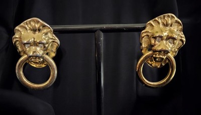Vintage KENNETH JAY LANE for Avon Goldtone Lions Head Door Knocker Earrings
