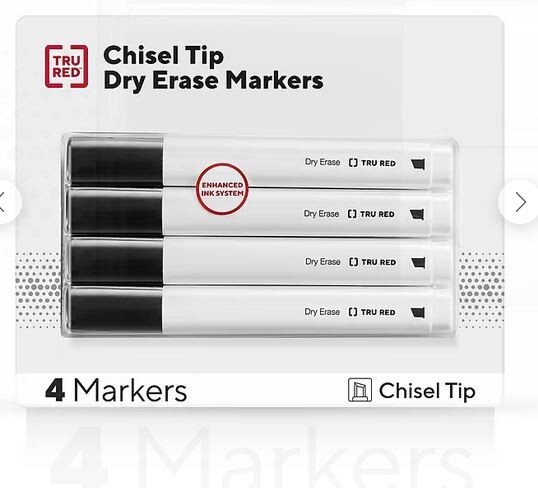 New TRU RED Dry Erase Markers, Chisel Tip, Black, 4/Pack (TR54559)