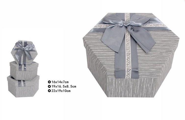 Set 3 Pezzi Scatole Box Per Regali Varie Misure Esagonali Grigia Con Fiocco dfh