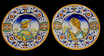 Deruta Pottery 2 Plates 12'' DIAMETER Dame And Knight-Made Painted by hand Italy
