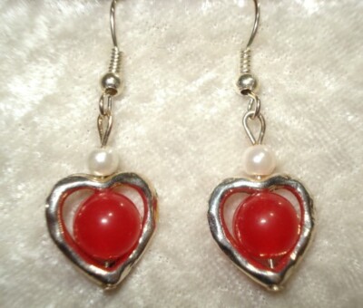 Handcrafted Artisan Earrings Round Red Carnelian in silver plated heart