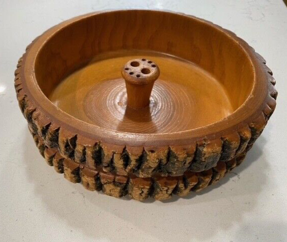 Vintage Handmade Wooden Nut Bowl With Bark 10