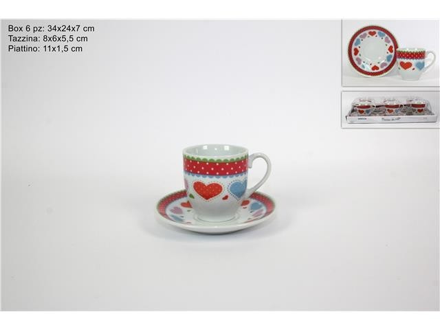 Set 6 Tazzine Tazze Caffè Con Piattini Ceramica Decorata Fantasia Cuori dfh