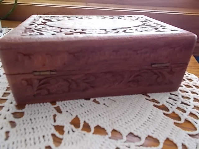 Vintage Hand Carved India Himalayan Wood Stationary Jewelry Trinket Tabacco Box