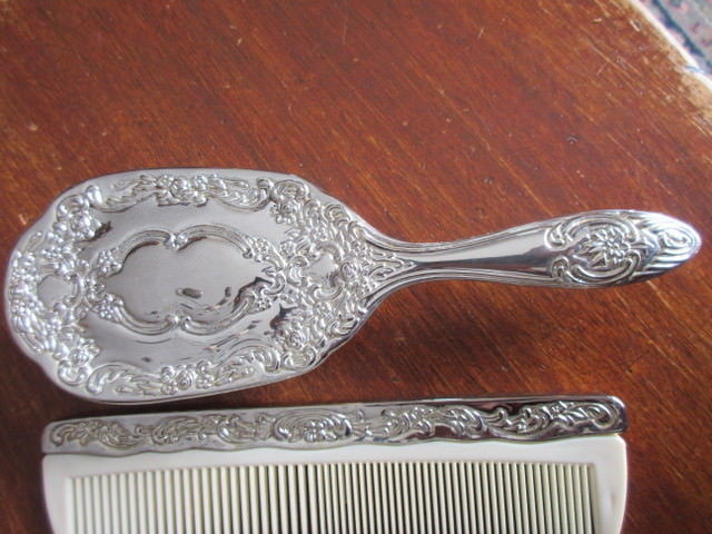 nice Antique SILVER PLATED DRESSER SET MIRROR,BRUSH,COMB W/ repousse flowers