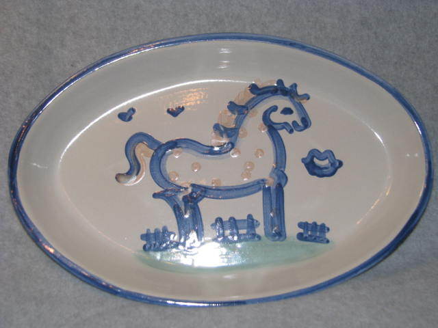 M A Hadley Blue Horse Pottery Stoneware Oval Baking Dish Serving Bowl Platter EC