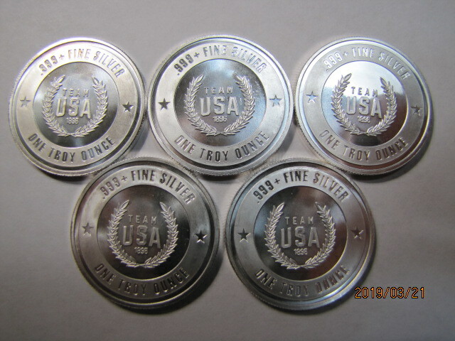 Lot of 5   1 oz. Team USA Olympic .999 Silver rounds, BU