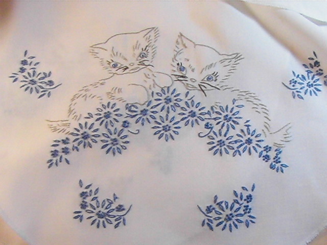 Vintage Table Runners Kittens and Blue Daisy Embroidery Set of 2, 38