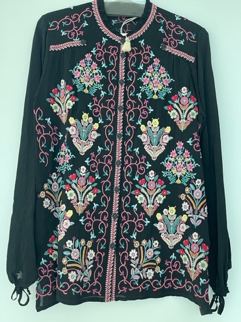 Pre-owned Johnny Was Bertha Blouse Black Top Button Down Shirt Long Sleeve Embroidery