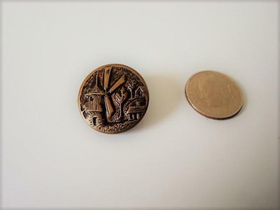 Vintage Metal Windmill and Cottages Button 3/4 In.