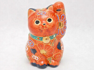 Kutani yaki porcelain Maneki neko Japanese Lucky cat 4.5inch Red Mori art Japan