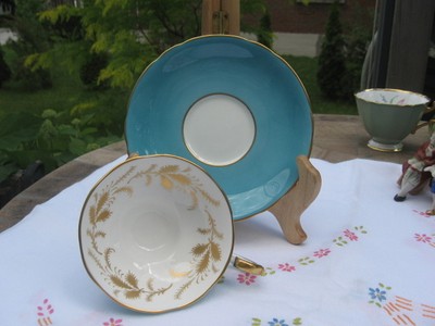CUP SAUCER AYNSLEY aqua MADE IN ENGLAND  AQUA WHITE TRIM W/GOLD