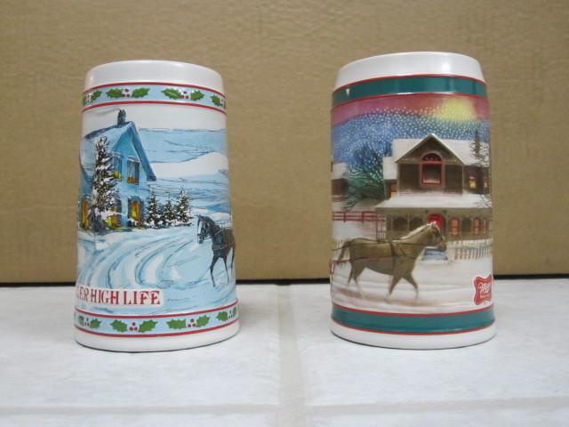Two Miller High Life beer mug stein To The Best Holiday Traditions