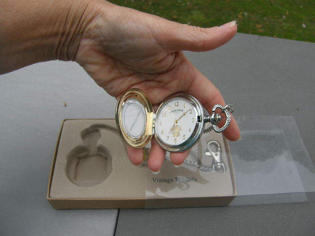 NIB Field and Stream Vintage Wildlife Pocket Watch Silver with Gold Trim - Lab