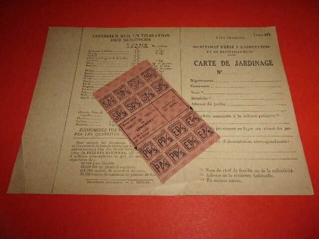 Rationnement,1942,Carte De Jardinage Avec Tickets De Semences,(J130);