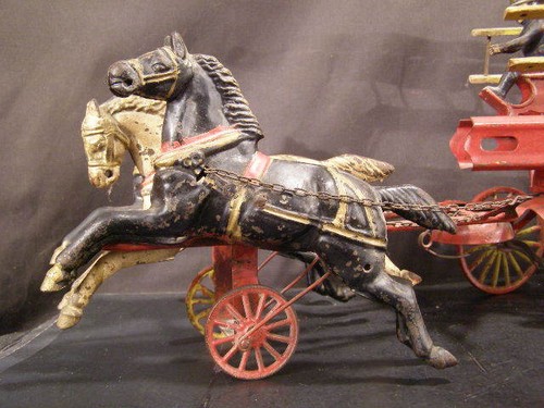 BIG 19c Wilkins Tin Wood Cast Iron Hook Ladder Fire Truck Animal Horse Drawn Toy