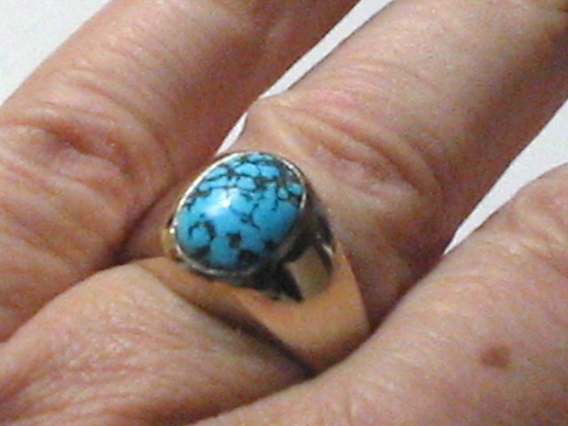 Men's SIGNET STERLING SILVER Gold Plate SPIDER WEB TURQUOISE #8? 13.5g RING S10