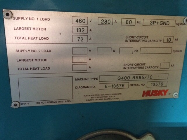 400 Ton Husky Injection Molding Machine, Model G400 RS85/70