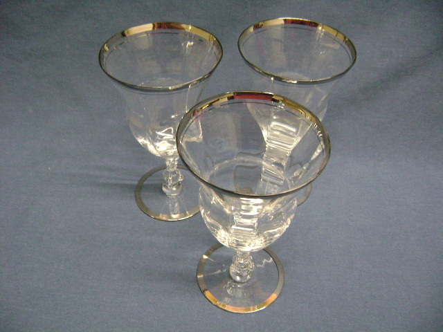 Vintage 3 Large Footed Water Wine Goblets Glasses Optic Paneled Silver Rim/ Base